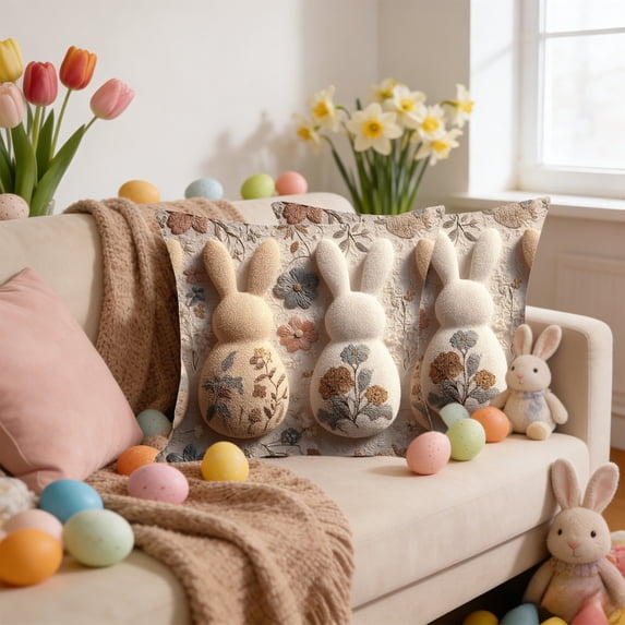 AuroraX Embroidered Easter Throw Pillow Covers 18x18 Inch Square Spring Boho Bunny Rabbits Sheep Duck Floral Decorative Pillow Covers Outdoor Cushion Case for Couch Sofa Patio