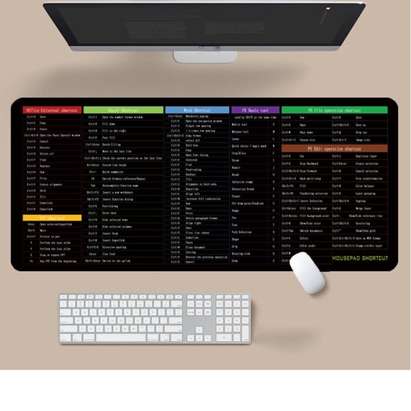 AuroraX Excel Cheat Sheet Desk Pad Mat for Keyboard and Mouse Excel Shortcut Black Large Mouse Pad for Laptop 12x32 inch Office Computer Desk Mat