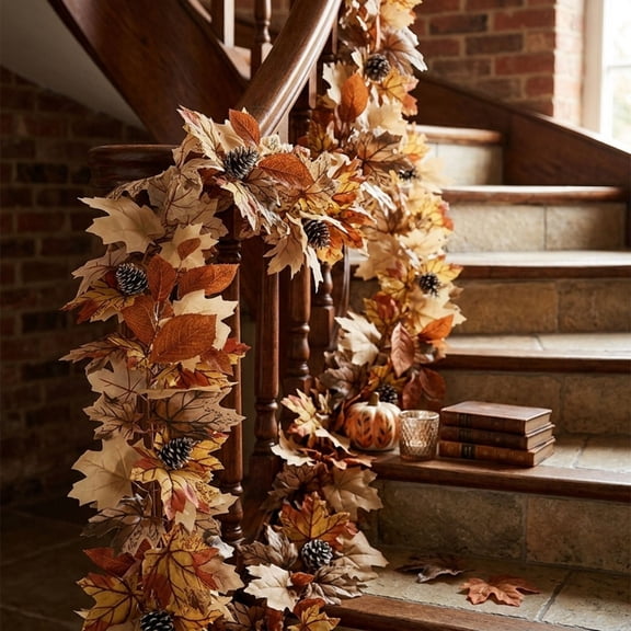 AuroraX Extra Long Faux Maple Vine Garland Autumn Harvest Thanksgiving Decor Indoor Outdoor Non-Lit Real Touch Halloween Seasonal Home Mantle Decorations