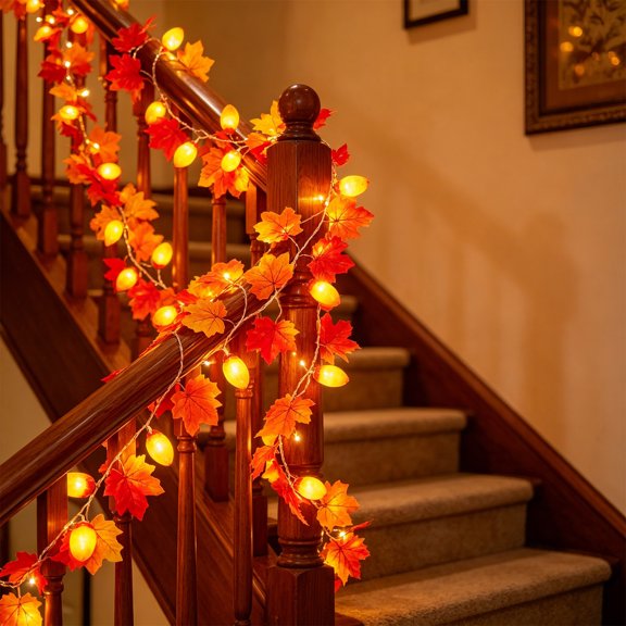 AuroraX Fall Maple Leaf String Lights Autumn LED Garland Lights Battery Operated Timer Realistic Halloween Seasonal Home Decor Garland