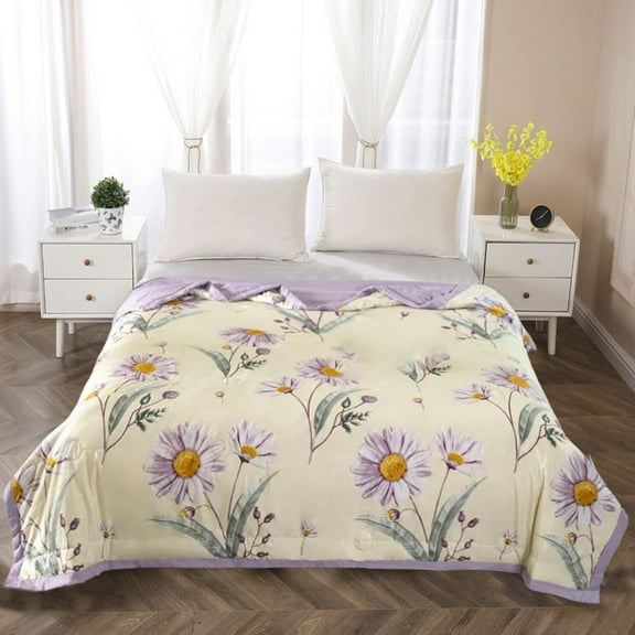 AuroraX Floral Bed Blanket Twin/Twin-Xl Size Cute Soft Cooling Silky Cotton Throw Blankets Cozy Lightweight Breathable Quilted Summer Quilt for Home Dorm Sofa