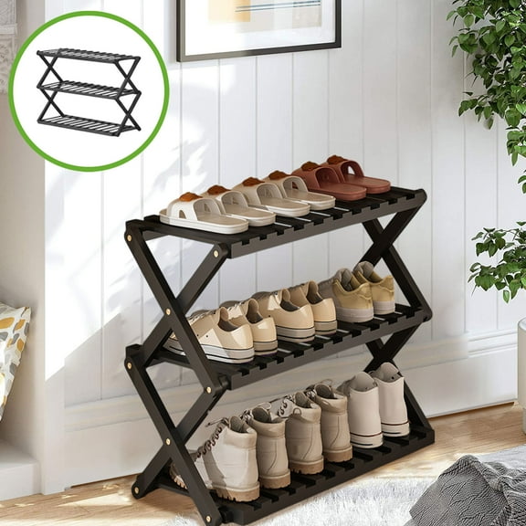 AuroraX Foldable Shoe Rack Black 3 Tier Wooden Small Shoe Rack Organizer Free Standing Vertical Space-Saving Sturdy Corner Shoe Storage Organizer for Closet,Entryway,Door
