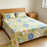 AuroraX Full Size Bed Sheets White Flat Sheets Cooling,Sold Separately Printed Floral Patterned Double Bed Sheet for Residential Summer