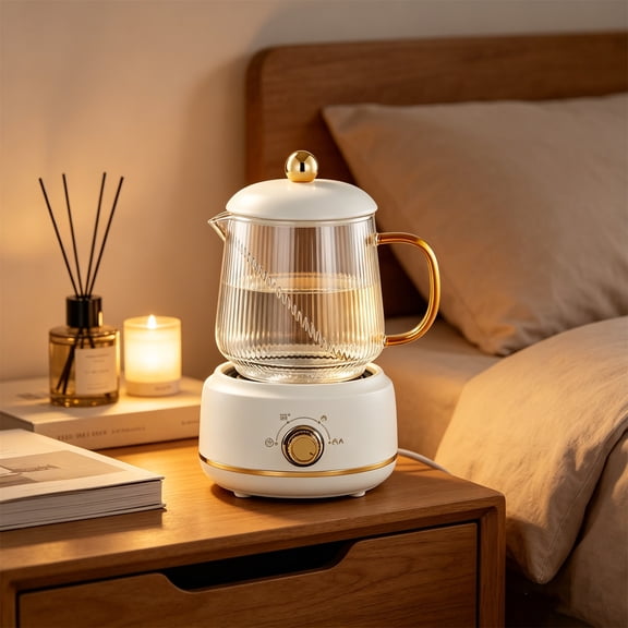 AuroraX Glass Electric Tea Kettle Mini Stewing Pot Detachable Power Cord Auto Shut Off Multifunction Fast Boiling Portable Hot Water 600ml White