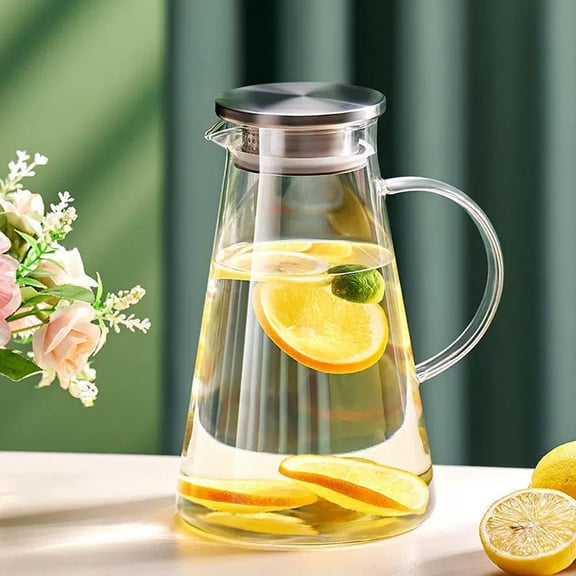 AuroraX Glass Pitcher with Lid Large Water Pitcher 1.8 Liter Clear Dishwasher Safe Refrigerator Safe Beverage Pitcher for Iced Tea Clear