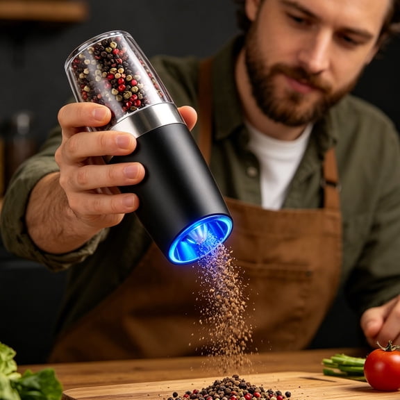 AuroraX Gravity Smart Pepper Grinder Mini USB Rechargeable Pepper Mill Adjustable Ceramic One-Hand LED Kitchen Induction Pepper Grinder Black