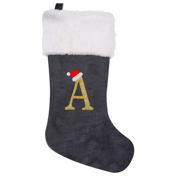 AuroraX Gray Velvet Christmas Stocking with Initials Personalized Embroidered Monogrammed Xmas Stocking 16" Plush Candy Stocking Bag for Holiday Decoration Gifts for Fireplace