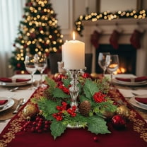 AuroraX Green Christmas Faux Red Berry Candle Ring Wreath Wedding Table Centerpiece Floral Garland Decorative Romantic Vintage Festive Pillar Votive Holder Accent Valentines Day Dining Wedding Decor