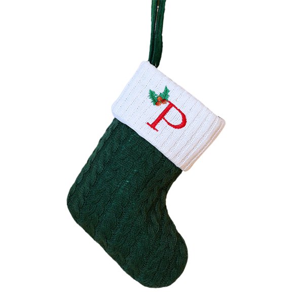 AuroraX Green Knitted Christmas Stocking with Initials Embroidered Monogrammed Letter Mini Christmas Stockings 7" Plush Hanging Candy Stocking Bag for Family Christmas Decor