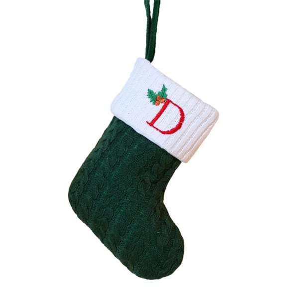 AuroraX Green Knitted Christmas Stocking with Initials Embroidered Monogrammed Letter Mini Christmas Stockings Hanging 7" Plush Candy Stocking Bag for Family Christmas Decor