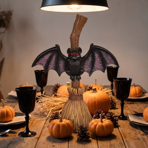 AuroraX Halloween Bat Broom Decoration Winged Night Flying Figurine Haunted Spooky Wizard Gothic Halloween Tabletop Decoration Beige