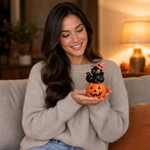 AuroraX Halloween Black Cat Pumpkin Decor Halloween Cat Pumpkin Lantern Statue Fun Resin Cute Indoor Halloween Fall Tabletop Decorations Black