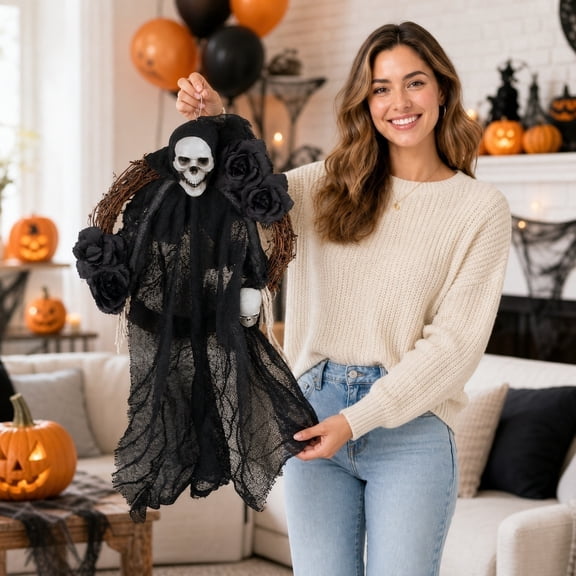 AuroraX Halloween Ghost Wreath Outdoor Halloween Hanging Door Decor Spooky Floral Party Horror Ghost House Front Door Halloween Decoration Black
