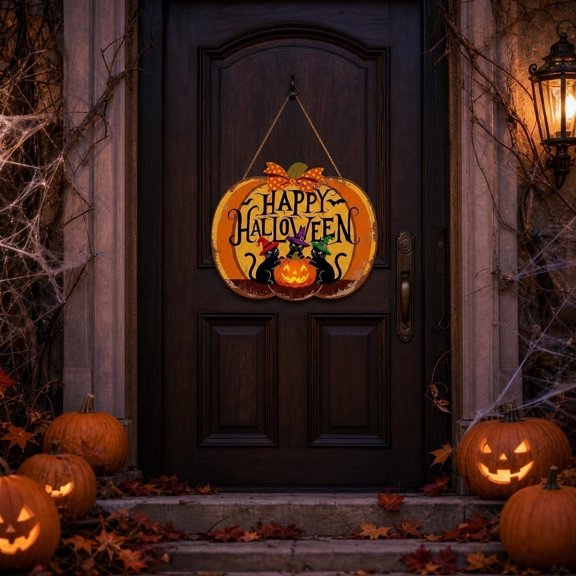 AuroraX Halloween Pumpkin Door Hanging Halloween Door Tag Ornaments Welcome Cute Farmhouse Wooden Halloween Door Decorations Orange