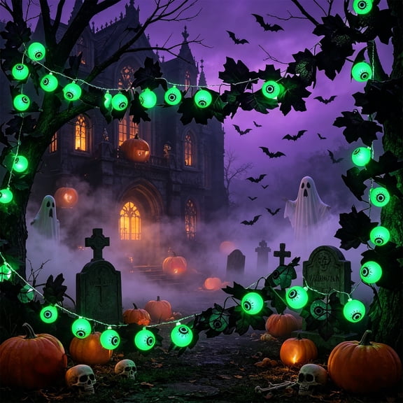 AuroraX Halloween Remote Control Light Strands Waterproof Green Eye LED Lights Outdoor USB Powered IP65 Hanging Halloween Party Decoration Green