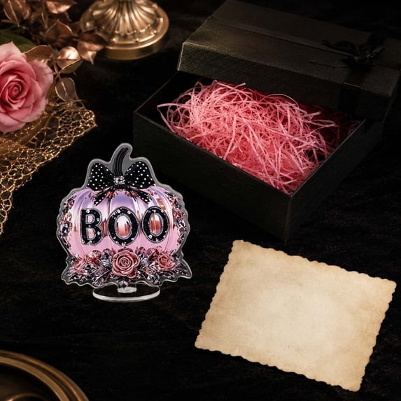 AuroraX Halloween Rotating Acrylic Standee Spinning Pumpkin Ghost Centerpiece 2D Spooky Decorative Party Halloween Tabletop Decoration Pink