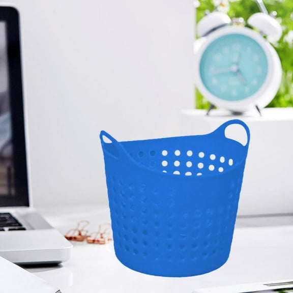 AuroraX Handles Desk Small Trash Can 0.4L Blue Perforated Wastebasket Art Deco Plastic Garbage Bin for Dormitory Livingroom Office