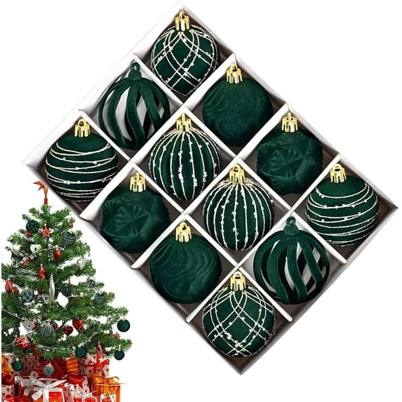 AuroraX Hanging Christmas Decoration Set Green Velvet Bohemian 12 Pcs Ball Ornaments Iridescent Decorative 3.1" Flocked for Birthday,Christma Tree,Xmas Decor