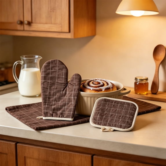 AuroraX Heat Resistant Oven Mitts Microwave Safe Pot Holders Non-Slip Quilted Washable Durable Baking Oven Mitts Set Brown