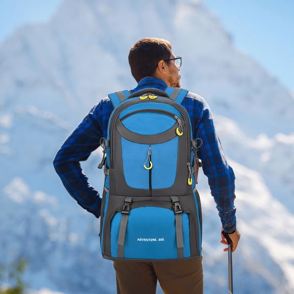 AuroraX Heavy Duty Hiking Backpack for Men,60l Large Waterproof Blue Camping Backpack for Adult,Load Reduction Mountain climbing Travel Backpack