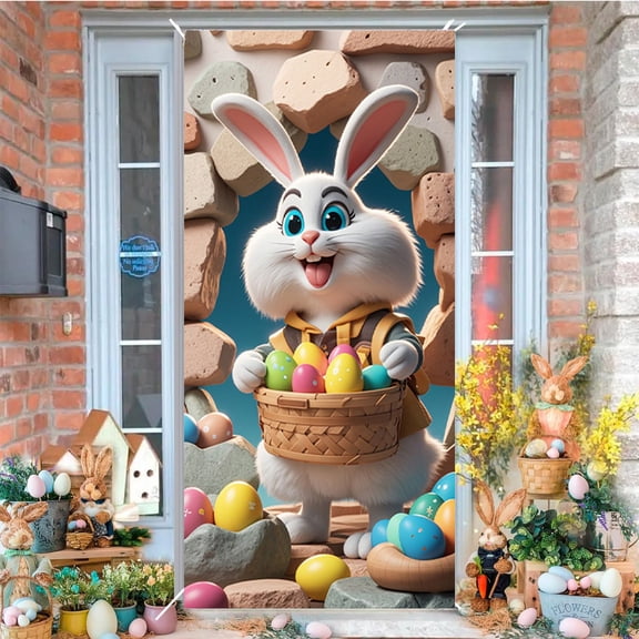 AuroraX Holiday Door Decorations Easter Bunny Easter Eggs Door Cover for Front Door,Boho Decorative Banners Photography,Easter Wall Hanging Decor(71x35 in)