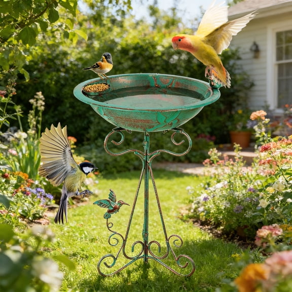AuroraX Hummingbird Feeder Bird Bath Sturdy Freestanding Base Easy to Clean Weather Resistant Vintage Iron Design Spring Garden Decor Green