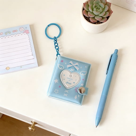 AuroraX Keychain Photo Album Mini Card Holder Heart Shape ID Photo Graduation Gift Photo Storage Organizer Blue
