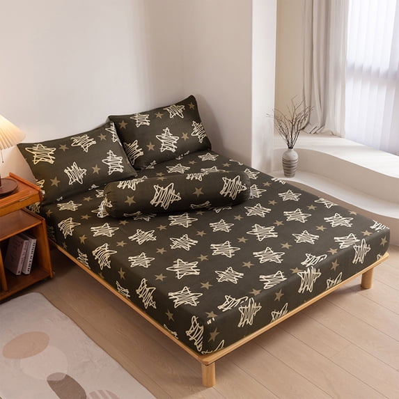 AuroraX King Size Cooling Sheets , Brown Wrinkle Free Stars Patterned Fitted Sheets King Size for Women