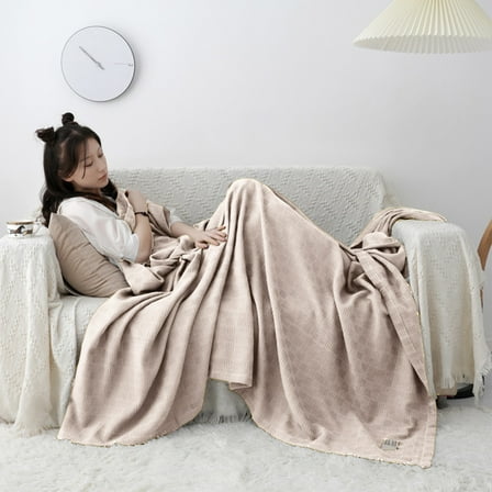 AuroraX Knit Throw Blanket for Couch Sofa Cozy Cotton Beige Soft Decorative Blanket for Bed Living Room Washable Portable Plush Throw Gift for Girls,Women