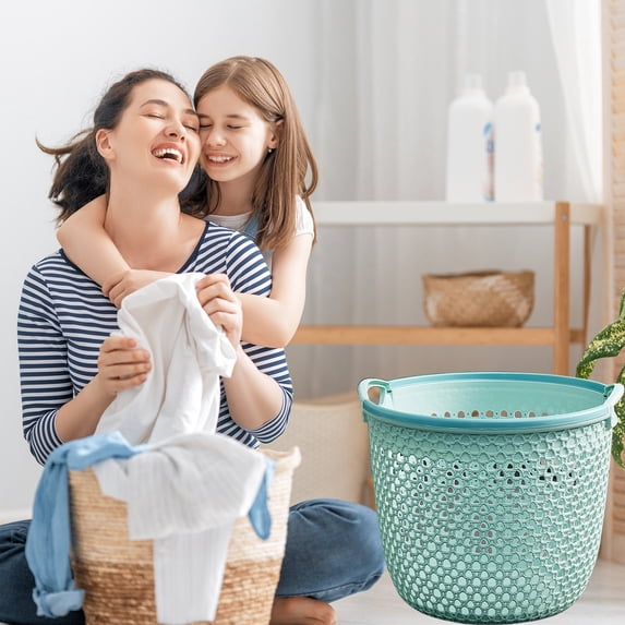AuroraX Laundry Basket with Handles Portable Small Plastic Laundry Basket for Organizer Cute Decorative Blue Storage Hamper for Dirty Clothes Blanket Toy