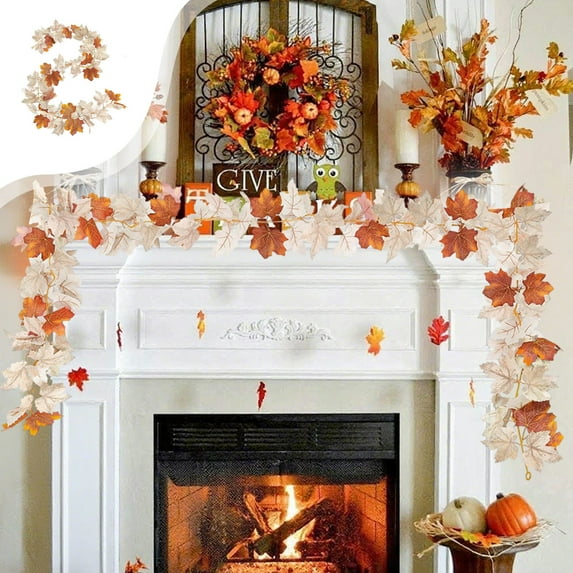 AuroraX Leaf Garland, Hanging Halloween White Pumpkins 5.7 ft Thanksgiving Faux Plants, Stairs Fireplace Home Wall Decor