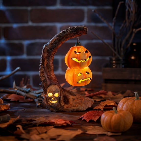 AuroraX Light Up Halloween Pumpkin Statue Resin Pumpkin with Skull Stand Battery Operated Stacked Outdoor Spooky Halloween Decorations for Home