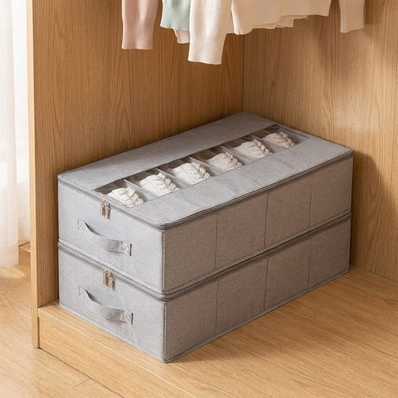AuroraX Linen Shoe Storage Box Under Bed Shoe Organizer Clear Dustproof Space-Saving Stackable Foldable Fabric Shoe Box Gray