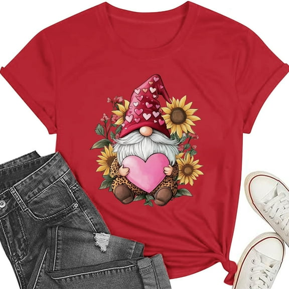 AuroraX Loose Fit T-Shirts for Women,Short Sleeve Crew Neck Gnome Graphics Red Women's Tops Holiday Valentines T Shirts Gift for Women