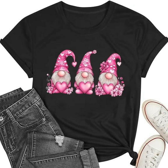 AuroraX Loose Fit Women T-Shirts,Short Sleeve Gnome Graphics Black Crewneck Women Tops Valentines Holiday T Shirts Gift for Women