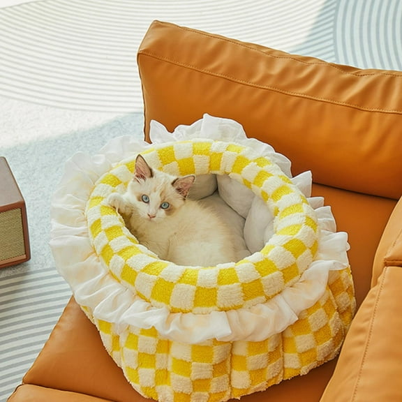 AuroraX Luxury Cat Bed with Lace Cute Round Self Warming Warm Pet Bed Mat Plush Soft Insulated Cozy Warm Checkered Polka Dots Cat House Bed for Indoor Cats Kittens and Small Dogs(Yellow)