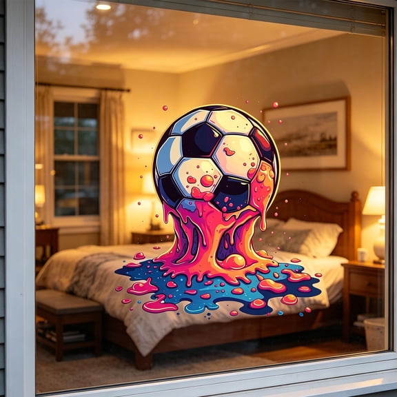 AuroraX Melting Soccer Ball Window Cling Colorful Graffiti Window Decal Sports Decor PVC Material Removable Vibrant Colors 38x38cm Soccer Window Sticker