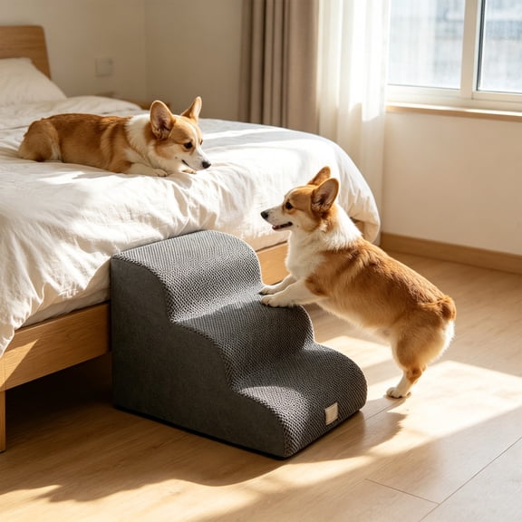 AuroraX Non Slip Pet Stairs Pet Steps for Couch Lightweight Soft Foam Core Orthopedic Portable Pet Supplies Dog Cat Stairs Gray