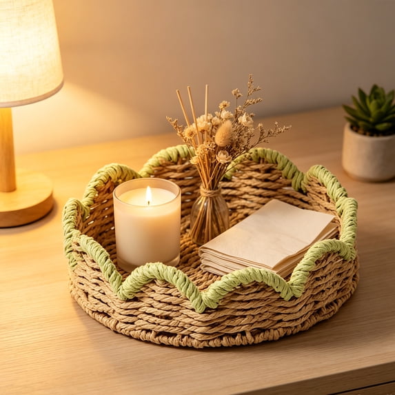 AuroraX Paper Rope Storage Basket Scalloped Edge Woven Basket Green Two Sizes Decorative Tray Multipurpose Tabletop Fruit Basket Home Decor Yellow