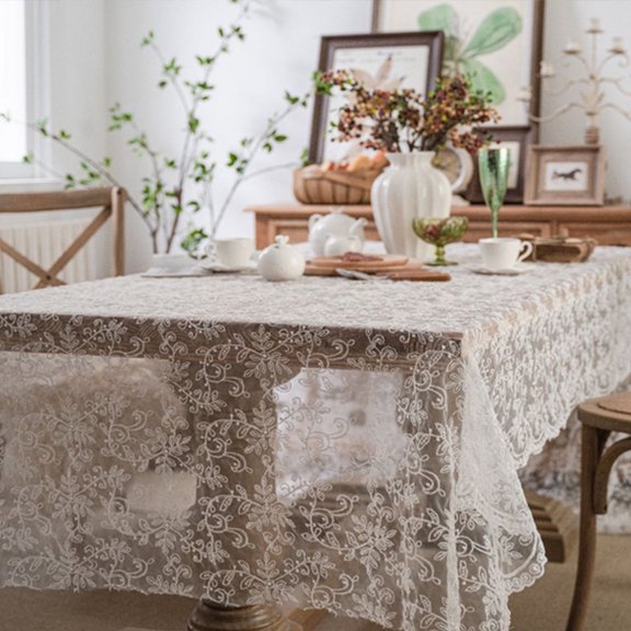 AuroraX Party Rectangular Table Cloth Picnic Outdoor Tablecloth Lace Mesh Fabric Embroidery Cake White 51x63in Table Cover