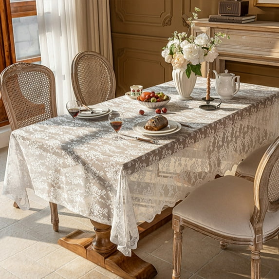 AuroraX Picnic Rectangular Tablecloth Party Outdoor Table Cloth 55x55in White Lace Mesh Fabric Table Cover