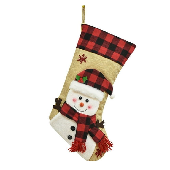 AuroraX Plaid Burlap Christmas Stockings with 3d Santa Snowman and Reindeer Large Embroidered Xmas Hanging Stocking 18" Plush Candy Bag for Hanging Decoration Gifts for Fireplace