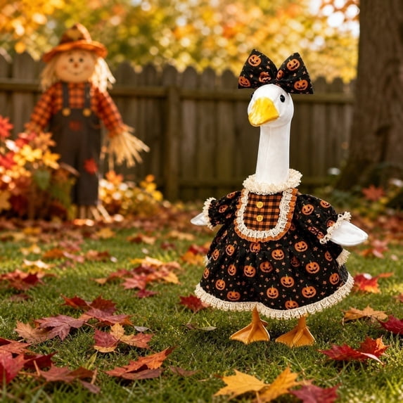 AuroraX Porch Goose Clothes Set 17 19 inch 23 inch Porch Goose Fall Outfit Sets Pumpkin Print Bow Headwears and Lace Dress Funny Porch Goose Accessories Lawn Garden Decor