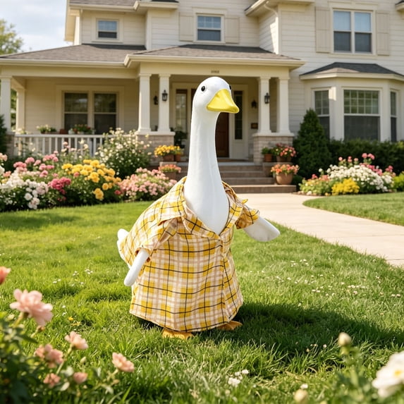 AuroraX Porch Goose Outfits 23 inch Goose 19" Porch Goose Clothes Set Summer Plaid Dress Lawn Garden Decor Outdoor Yard Porch Goose Accessories Yellow