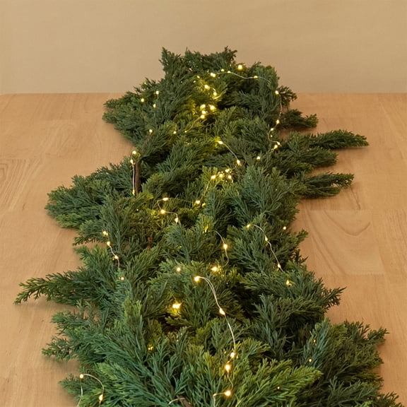 AuroraX Pre Lit Rattan Garland LED Rattan Garland 2 Piece Set Artificial Battery Operated Indoor Outdoor Warm White Christmas Garland for Mantle Green