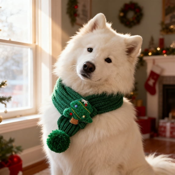 AuroraX Premium Knitted Pet Christmas Scarf Dog Costumes for Small Dogs Lightweight Soft Warm Adjustable Christmas Pet Apparel Accessories Green