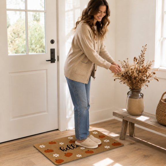 AuroraX Pumpkin Fall Welcome Mat for Outside Washable Waterproof Yellow Happy Thanksgiving Non Slip Fall Door Mats for Outside Entry Home Entrance Rug Indoor