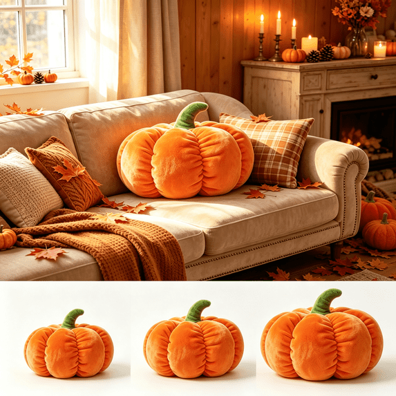 AuroraX Pumpkin Shaped Plush Cushion Thanksgiving Harvest Decor Pillow Soft Stuffed Cute Autumn Fall Home Decorative Orange