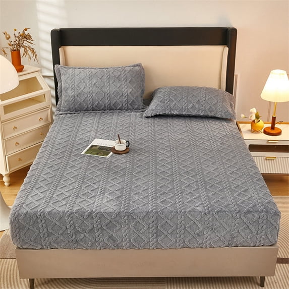 AuroraX Queen Size Bed Sheets Flannel Gray Fitted Sheets Sold-Separately,Striped Deep Double Bed Sheet