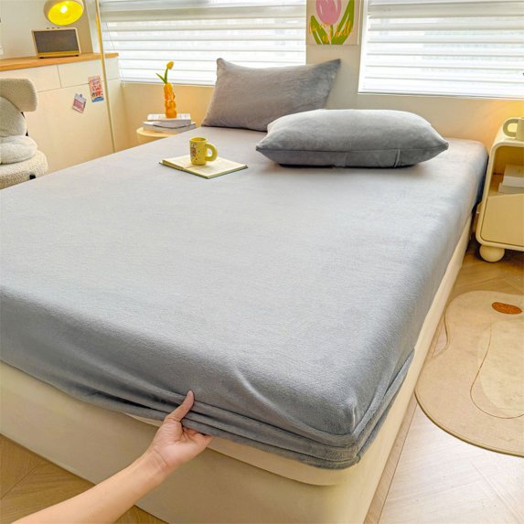 AuroraX Queen Size Bed Sheets Gray Fitted Sheets,Deep Cooling Flock Double Bed Sheet for Summer Residential Bedroom Sold-Separately
